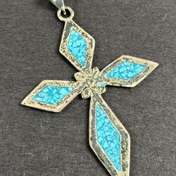 Mexican Sterling Silver (925) & Inlay Turquoise Cross Pendant