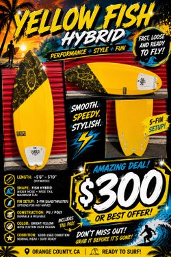 Yellow fish, hybrid, SRT surfboards
