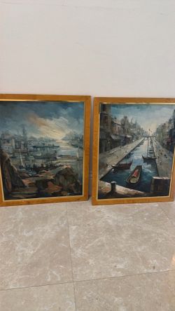 Vintage Oil Paintings Set  Nautical mid century