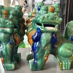 Foo Dog Lion Statues Sancai Glaze Vintage Large