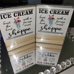 ☀️ Summer 4x4 decorative wooden Coaster sign or plaque with an "Ice Cream Shoppe" theme, featuring the phrase "Beat the heat with a frozen treat." 