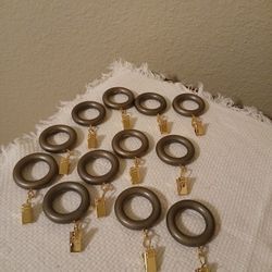 12 CURTAIN RINGS,  GRAY WITH GOLD METAL CLIPS 