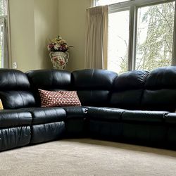 Leather Black Sectional Sofa With 2 Recliners, 1 Hide A Bed