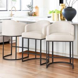 26 in. Ivory Faux Leather Upholstered Bar Stool with Metal Frame (Set of 3)
