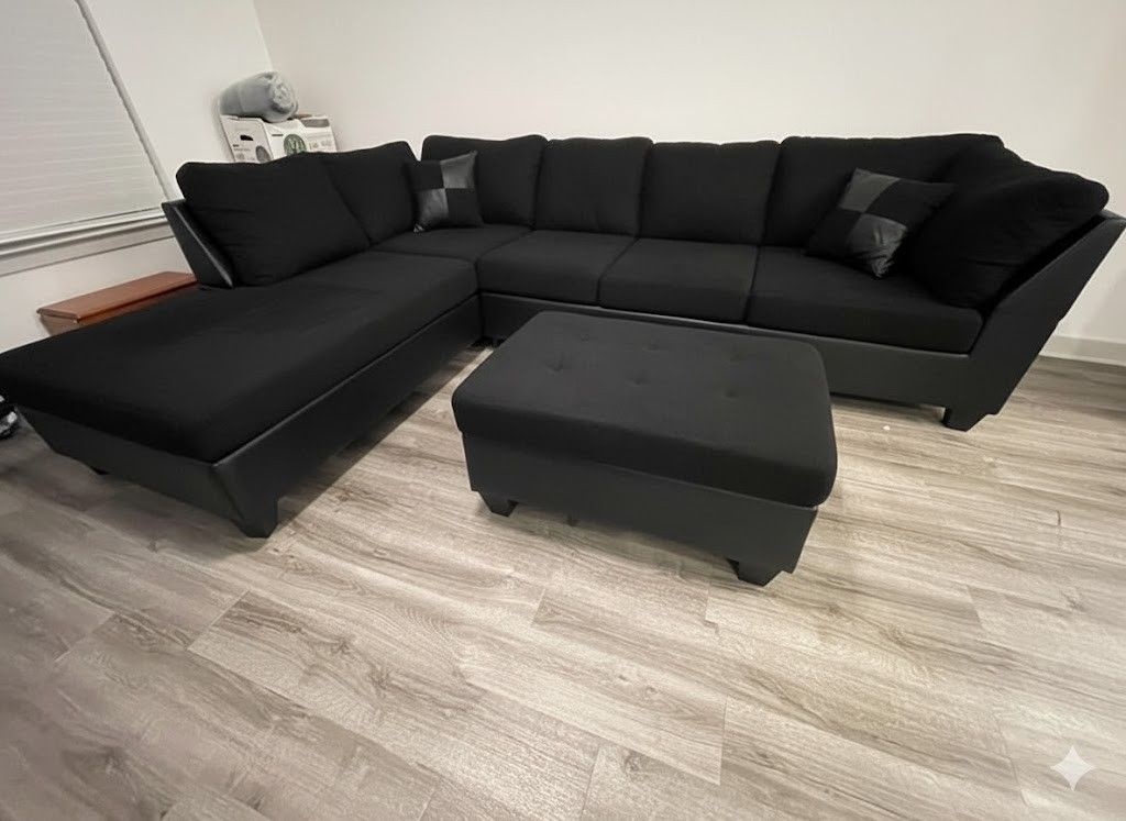 Brand New L Shape Black Sectional Sofa With Cushions - Ottoman | Pay After Delivery 🚚