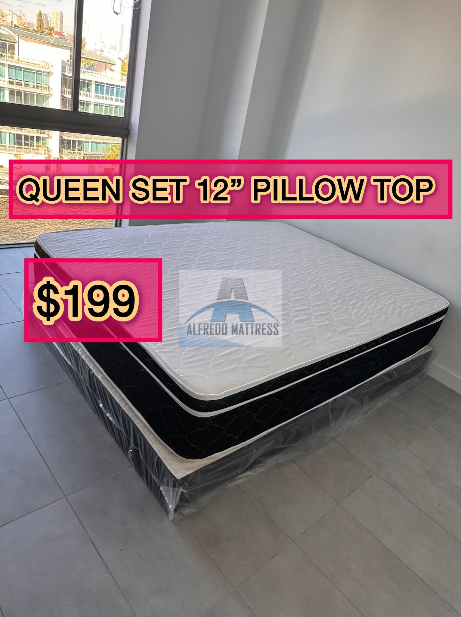 Queen mattress pillow top set with box spring (2pc - new)