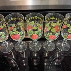 5 HAND PAINTED LARGE WINE GOBLETS - GRAPES, LEAVES, PEACHES STEMWARE. 8". GARDEN ROOM.