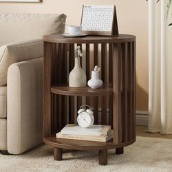 Round End Table, Wood Bedside Table, Mid Century Modern Nightstand with Open Storage Shelf, 3 Tier Small Side Tables for Living Room, Bedroom, Curved 