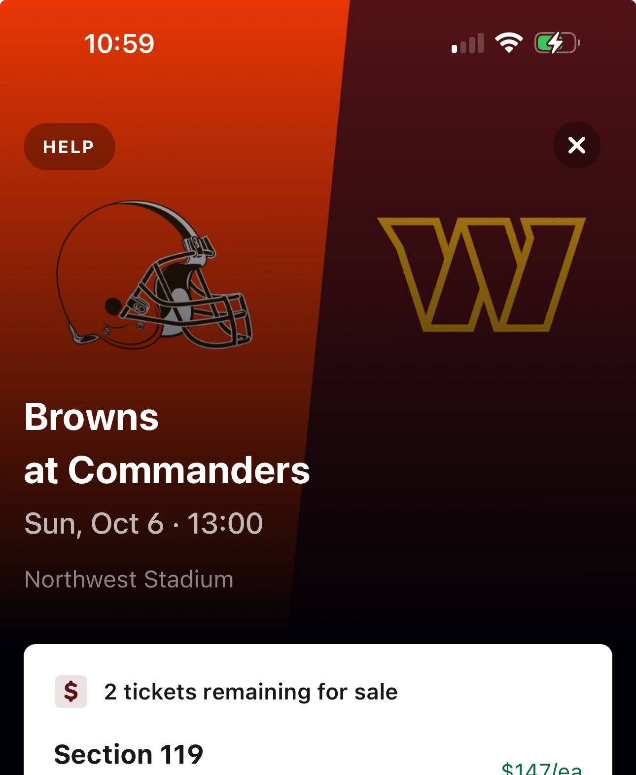 2 Tickets Commanders Vs Browns 10/6 SECTION119