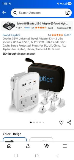Ceptics 35W Universal Travel Adapter Kit – 2 USA sockets, USB-A, USBC, 1x PD 35W USB-C and USBC Cable, Surge Protected, Plugs for EU, UK, China, AU, J