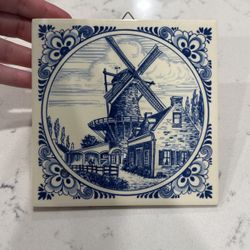 DELFT Tile Holland Hand Painted Blue Windmill Scene 