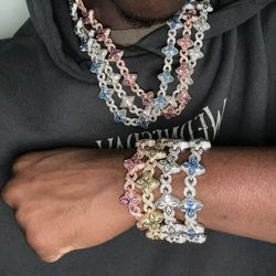 Flower 4 Leaf Clover Iced Out Premium Quality Chains & Bracelet Rose Gold Gold | Pink | Silver| Blue