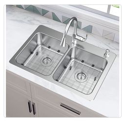 Glacier Bay Bratten 33 in. Drop-In 50/50 Double Bowl 18 Gauge Stainless Steel Kitchen Sink with Accessories