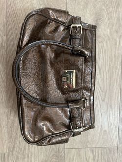 Brown crocodile skin texture leather handbag with buckle detail Anne Klein