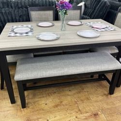 ✅️✅️6 pc bridget two tone wood dining table set padded seat chairs and bench ✅️✅️