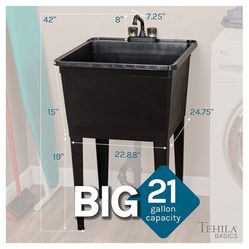 Freestanding Utility Sink with Black 2-Handle Faucet, Heavy Duty Plastic Laundry Tub with Adjustable Legs