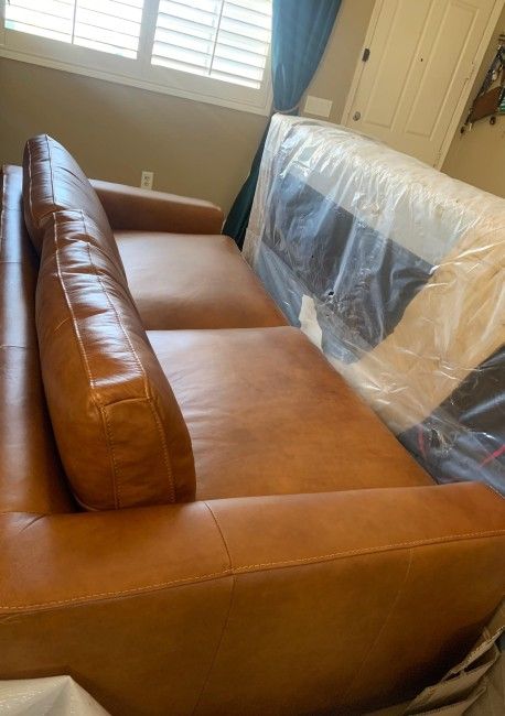 Living Spaces Mason Brown Leather 89" Couch Sofa | Down Cushions | Track Arms