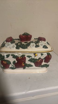 Ceramic Cookie Jar with Apple and Floral Relief