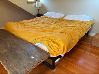 King size Purple memory foam mattress and metal bed frame.