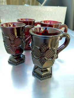 Vintage Ruby Red Glass Footed Mugs