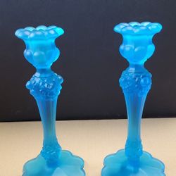 Fenton Blue Satin Cabbage Rose Candlesticks 