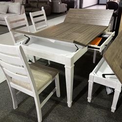 Skempton White/Light Brown 6 Piece Dining Table, 4 Chairs and Bench Set 