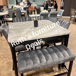 Elegant! 5-pc Counter Height Dining Set White Faux Marble Table Top With Grey Velvet Upholstered Chairs( Branch Is Not Included)