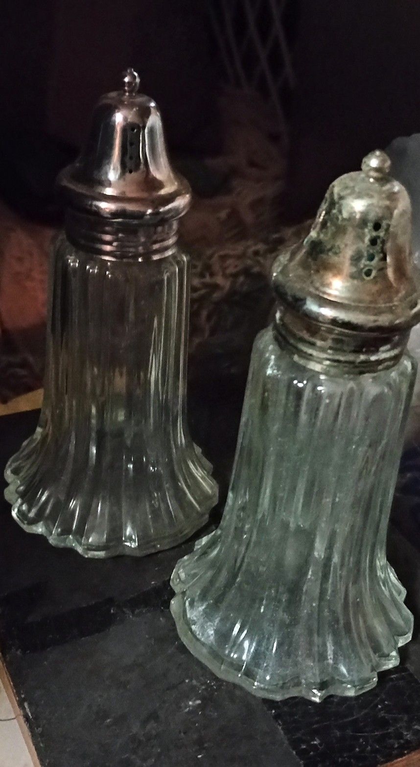 Vintage Fluted Salt & Pepper Shakers Clear Cut Glass Silver Topped MCM