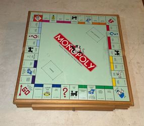 MONOPOLY & SCRABBLE Wooden Game Board Cabinet Set + 4 more classic games Checkers Chess Domino Poker Dice