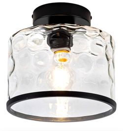 Glass Ceiling Light, Black Semi Flush Mount with Hammered Glass Shade, Farmhouse Light Fixture for Hallway, Bathroom, Entryway, Kitchen,Living Room