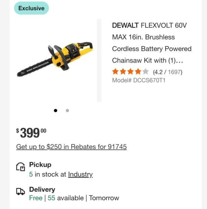 Dewalt FLEXVOLT 60V MAX 16in. Brushless Cordless Battery Powered Chainsaw Kit with (1) FLEXVOLT 6 Ah Battery & Charger