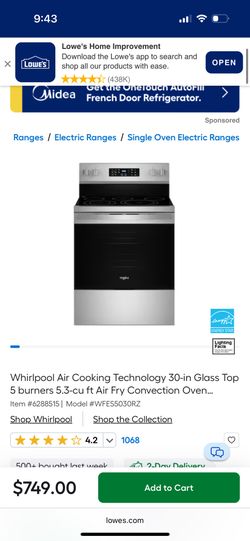 Whirlpool Air Cooking Technology 30-in Glass Top 5 burners 5.3-cu ft Air Fry Convection Oven
