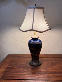 Vintage Cobalt Blue & Gold Chinoiserie-Style Table Lamp with Shade