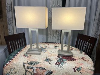 Set of 2 Modern Brushed Nickel Table Lamps with White Rectangular Shades
