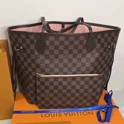 Authentic Louis Vuitton Neverfull MM – Damier Ebene with Rose Ballerine Interior  