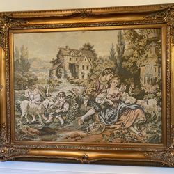 Large Framed Antique Needlepoint Textile Tapestry Country Landscape with Family 52”Wx42”H