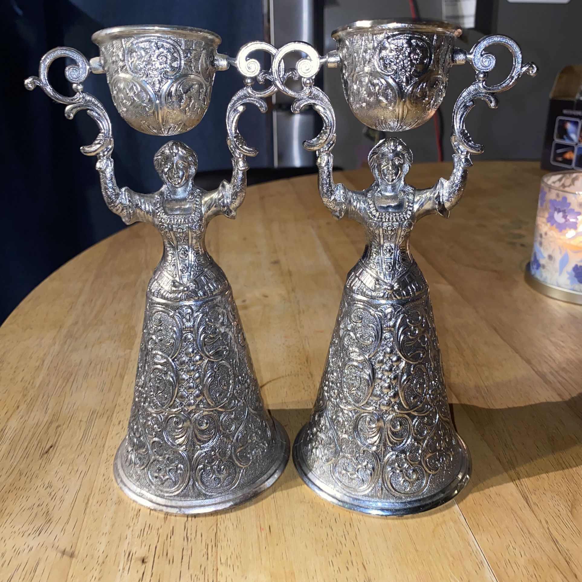Vintage Antique Woman Figural Wedding Cup German Silver Plate Bride Groom Pair