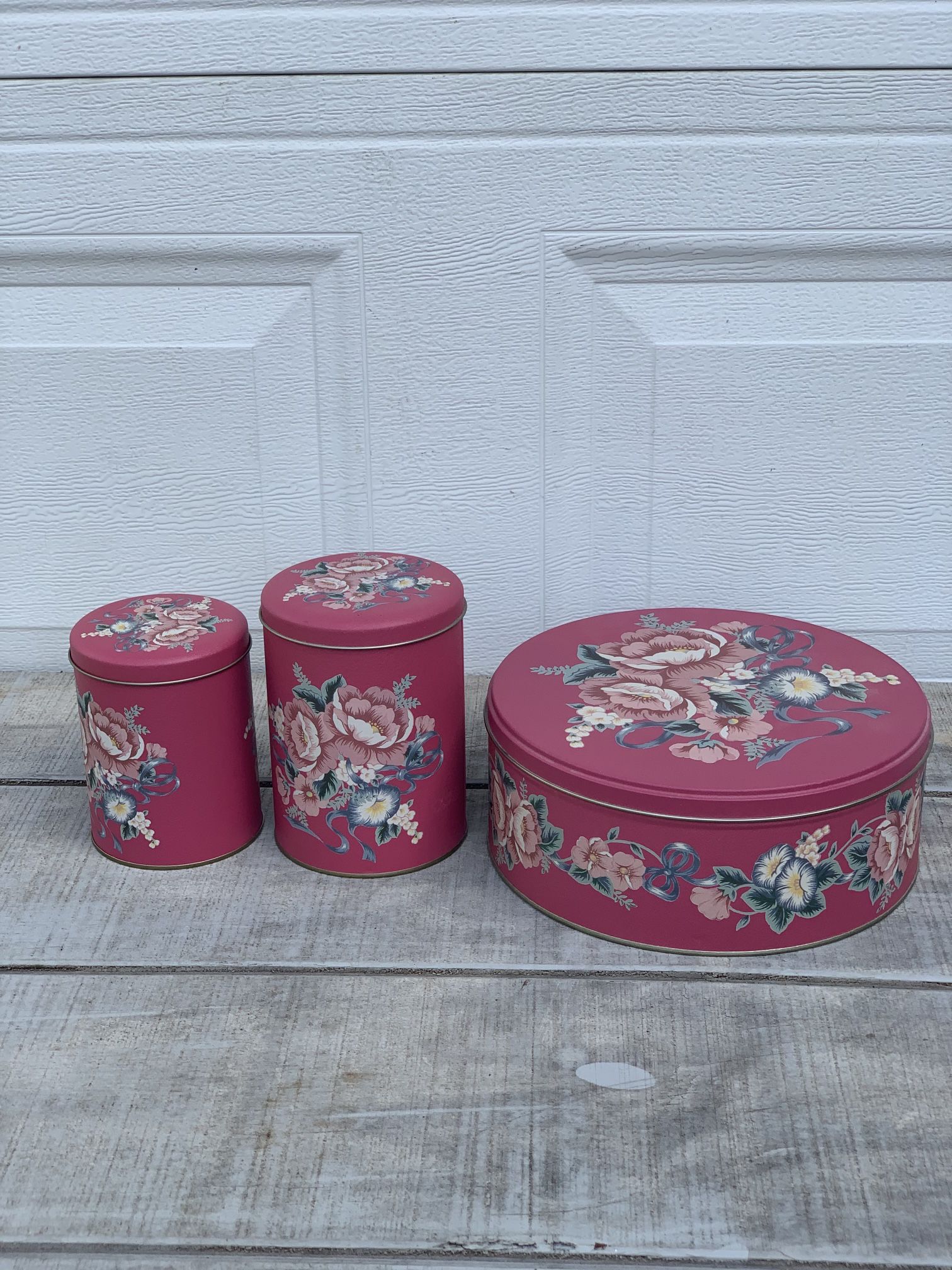 Floral Metal Cookie Canister Set of 3 Pink Flower Kitchen Storage Containers New