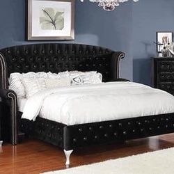 Brand New Black Velvet Crystal Tufted Bed