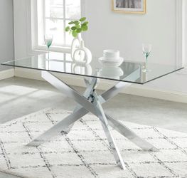 Tempered Glass Dining Table – Modern Design, Chrome Metal Frame, 4 Person Chair Seating, for Kitchen, Dining Room