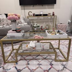 Gold & Glass Coffee Table + Console Table Set 