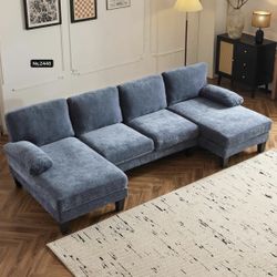 110" Sectional Couches for Living Room,U Shaped Couch with Double Chaise, 4-Seat Sofa Set with Corduroy Fabric for Home Furniture,Ocean Blue 