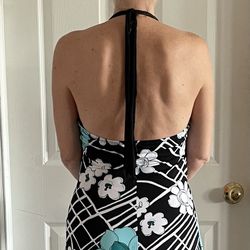 Long Black Dress with White & Blue Flowers 