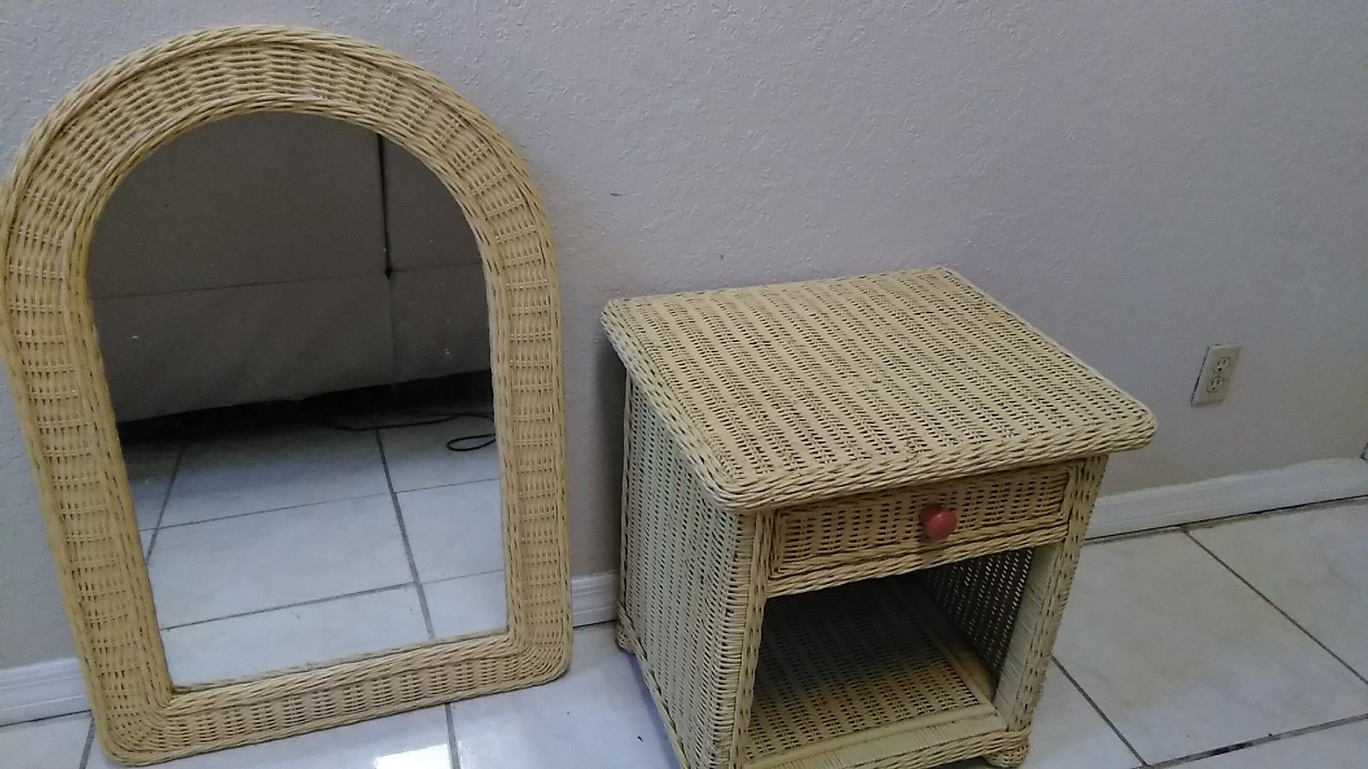 Wicker nightstand and mirror
