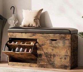 40" Shoe Storage Bench with 2 Flip Drawers & Padded Seat Cushion, Shoe Cabinet with Lift Top Storage Box, Shoe Bench Shoe Organizer , Brown