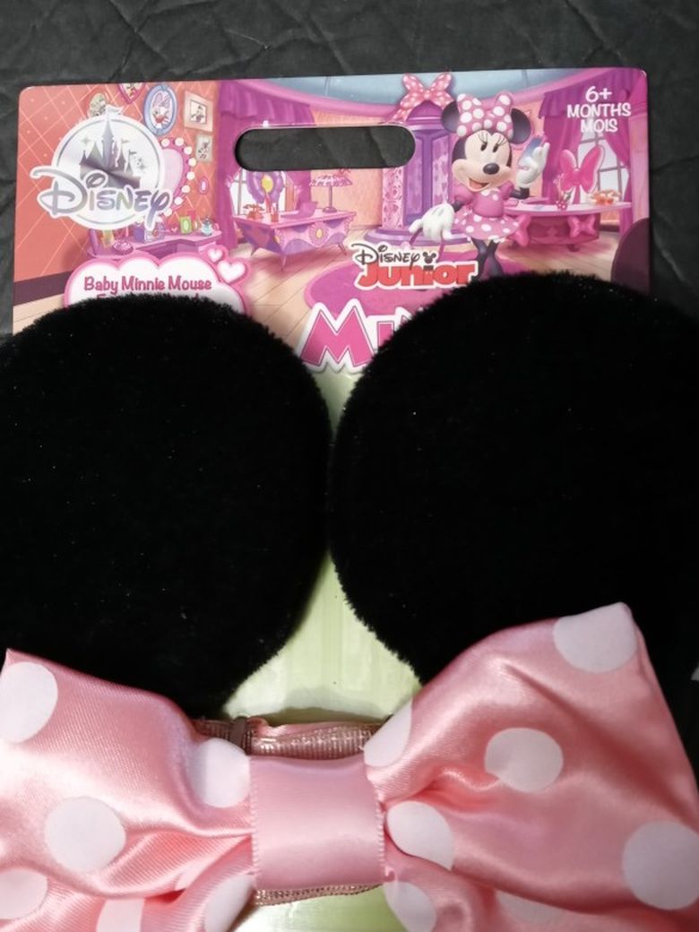 Disney Junior Minnie Mouse Pink Polka Dot Bow Elastic Ears Headband for Baby NEW