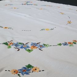 Beautiful! Hand Embroidered Table Cloth  43"X38" Multicolor Flowers Vtg