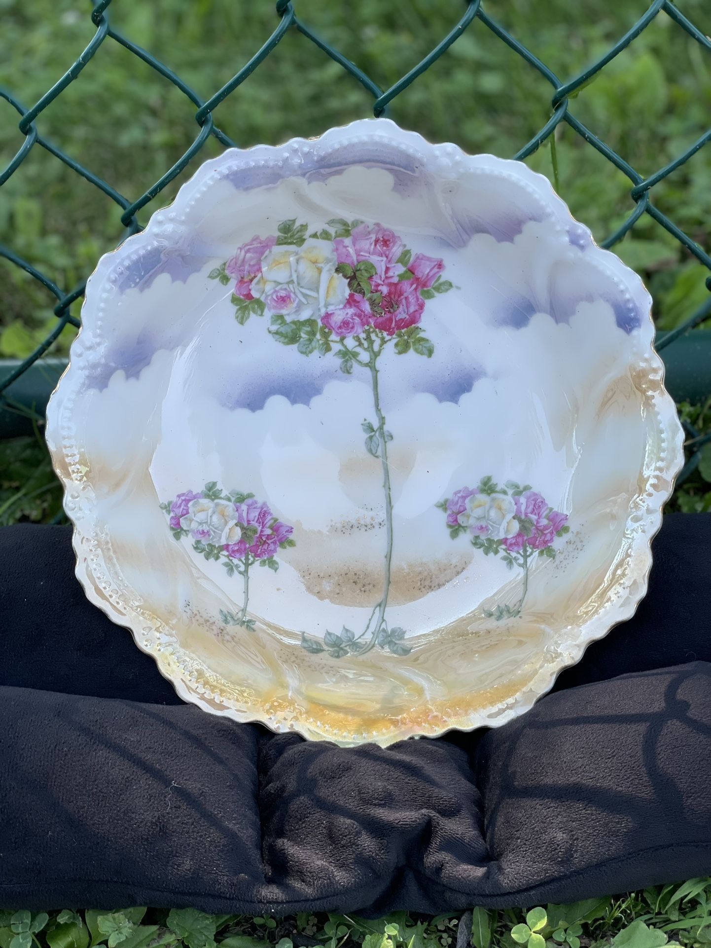 Antique Porcelain Leuchtenburg Germany Pink Climbing, Roses 10” Serving Bowl