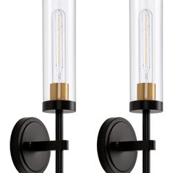 Black and Gold Hardwired Wall Sconces Set of 2, Modern Bathroom Vanity Sconces Wall Lighting with Clear Glass Shade, Farmhouse Wall Mount Lights for M