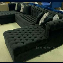 Double Chaise Black Velvet Large Sectional Couch